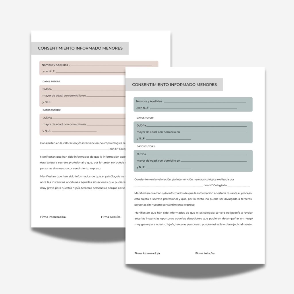 Documentos para el consentimiento informado en la sesiones de neuropsicología en menores diseñado por ieneuropsicología en color Terra y Aqua