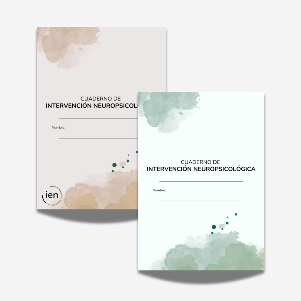 Portada del documento de cuaderno de intervención neuropsicológica diseñado por ieneuropsicología en color Terra y color Aqua