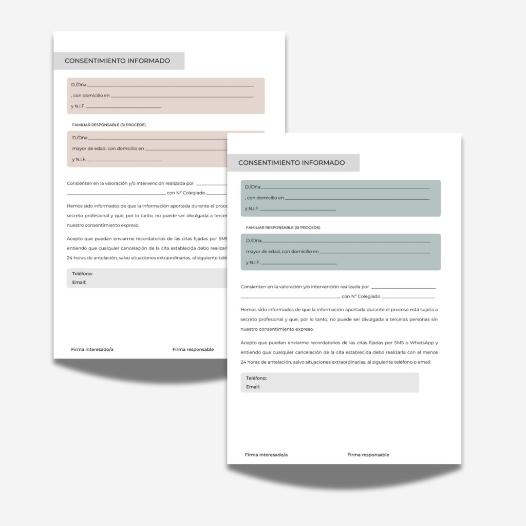 Documentos para el consentimiento informado en la sesiones de neuropsicología en Adultos diseñado por ieneuropsicología en color Terra y Aqua