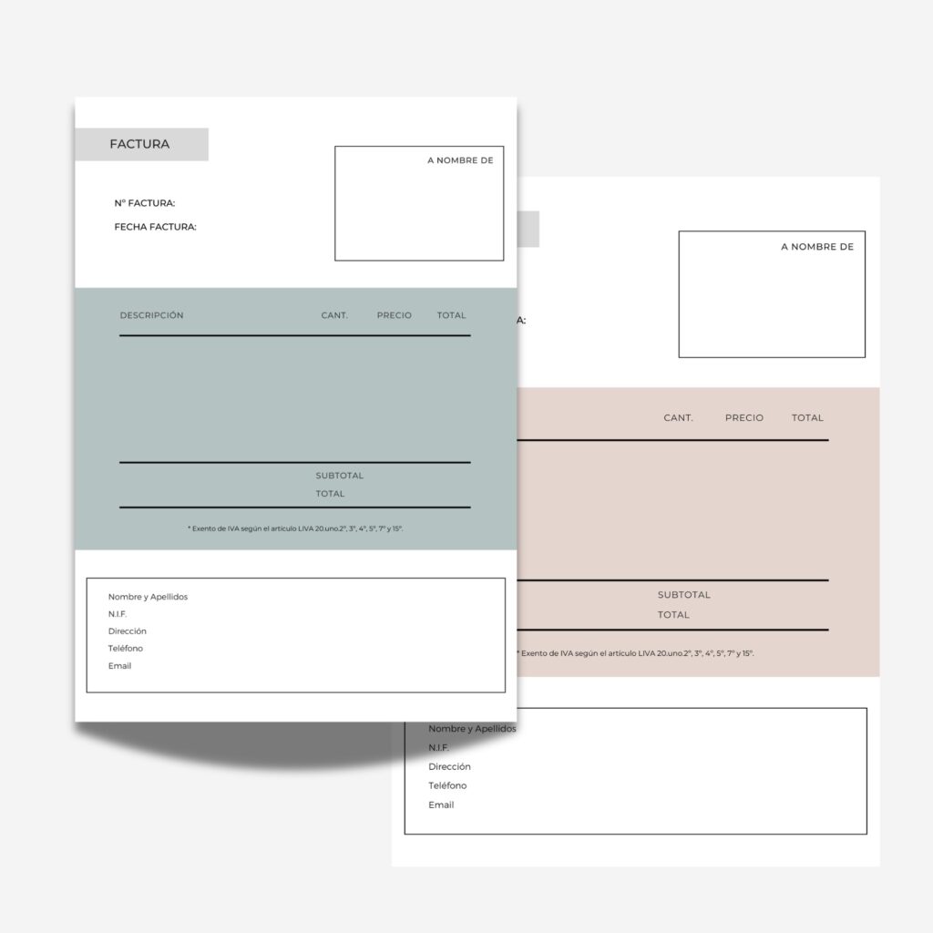 Ejemplos de facturas para servicios de neuropsicología diseñados por IEN en color Terra y Agua