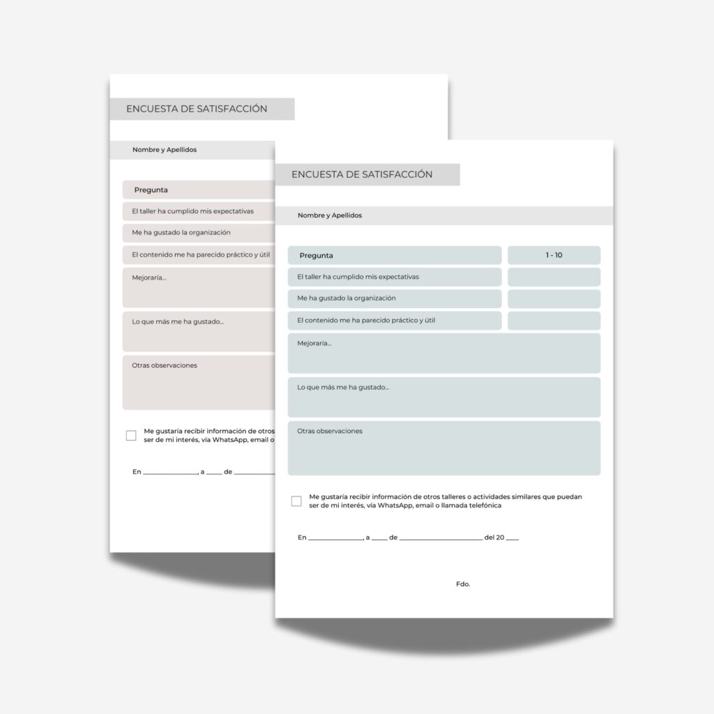 Modelos de encuesta de satisfacción para Talleres de Neuropsicología diseñado por IEN en color Terra y Agua