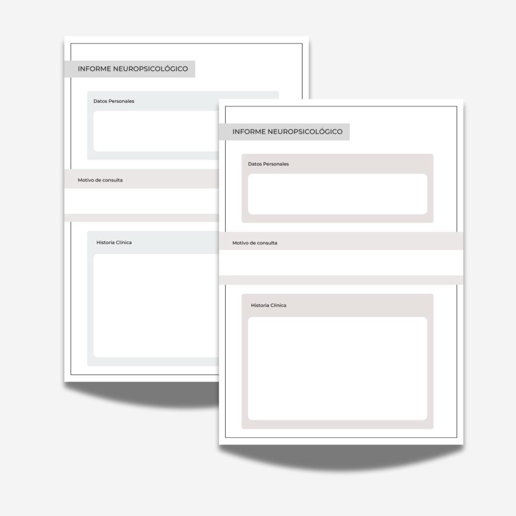 Documentos para elaborar Informes Neuropsicológicos diseñados por IEN en color Terra y Aqua