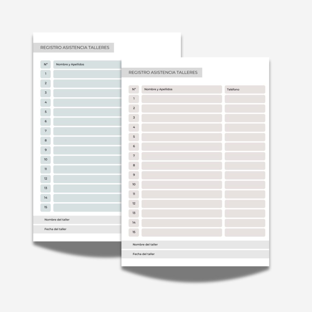 Documentos para rellenar datos de asistencia en talleres de neuropsicología diseñados por IEN en color Terra y Agua