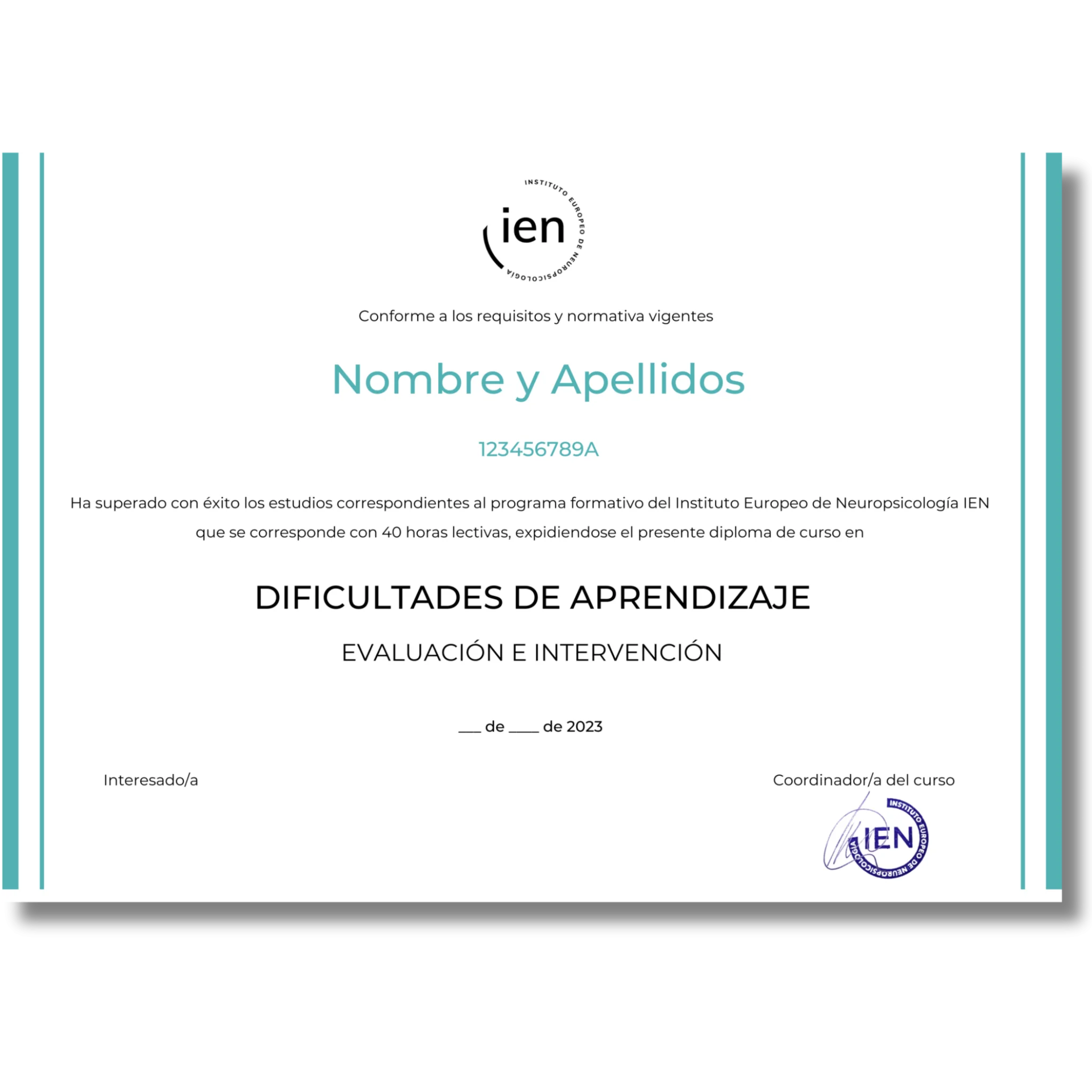 Ejemplo de Certificado de Titulación IEN para el curso Dificultades de Aprendizaje, con sello de IEN y color azul turquesa