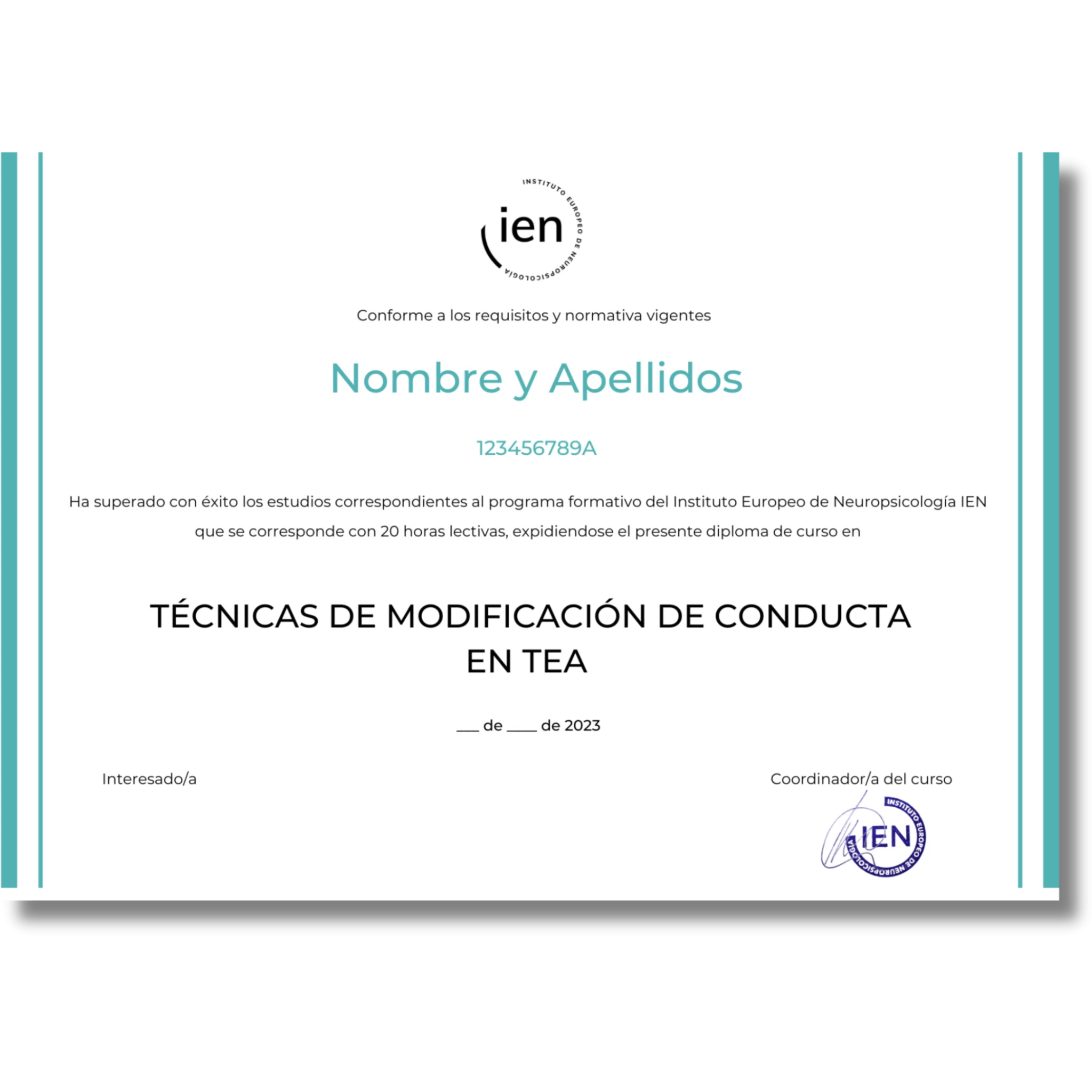 Ejemplo de Certificado de Titulación IEN para el curso Modificación de Conducta en TEA, con sello de IEN y color azul turquesa