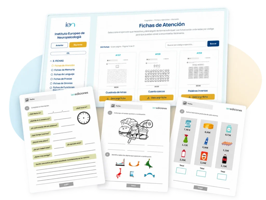 Vista de la plataforma de Cogniplan con ejemplos de fichas de estimulación cognitiva en atención, gnosias y cálculo