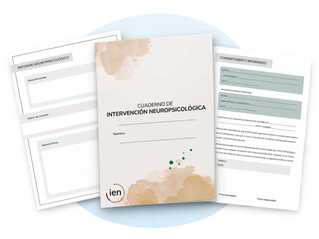 Documentación profesional de Cogniplan con informe neuropsicológico, cuaderno de intervención y consentimiento informado