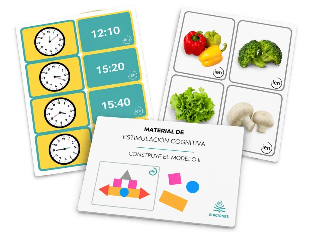 Materiales de estimulación cognitiva de Cogniplan con tarjetas visuales, ejercicios y actividades