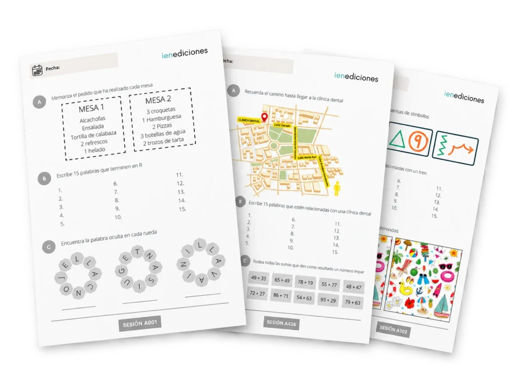 Mockup de Cogniplan con tres sesiones de estimulación cognitiva en dos adaptaciones de dificultad